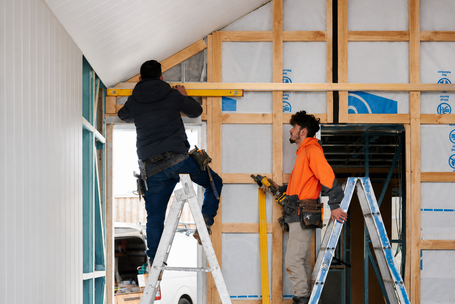 Two trainees framing interior walls during a construction skills program