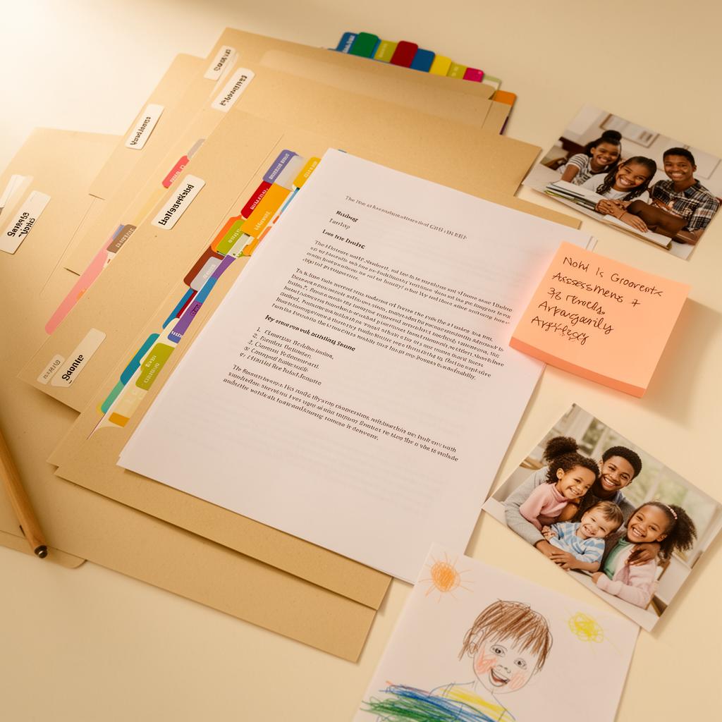 A flat-lay of warm manila folders, a peach sticky note, and color-tabbed dividers on cream paper